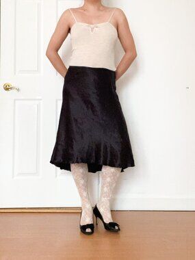 Max Studio Black Satin Silk Lined Midi Maxi Skirt Lettuce Hem Minimalist